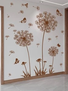 2pcs/set Dandelion Print Wall Sticker, Modern Butterfly & Plant Print PVC Wall Decal For Home Decoration - Brown - View 5