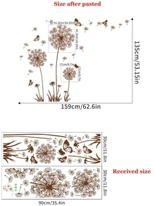 2pcs/set Dandelion Print Wall Sticker, Modern Butterfly & Plant Print PVC Wall Decal For Home Decoration - Brown - View 2