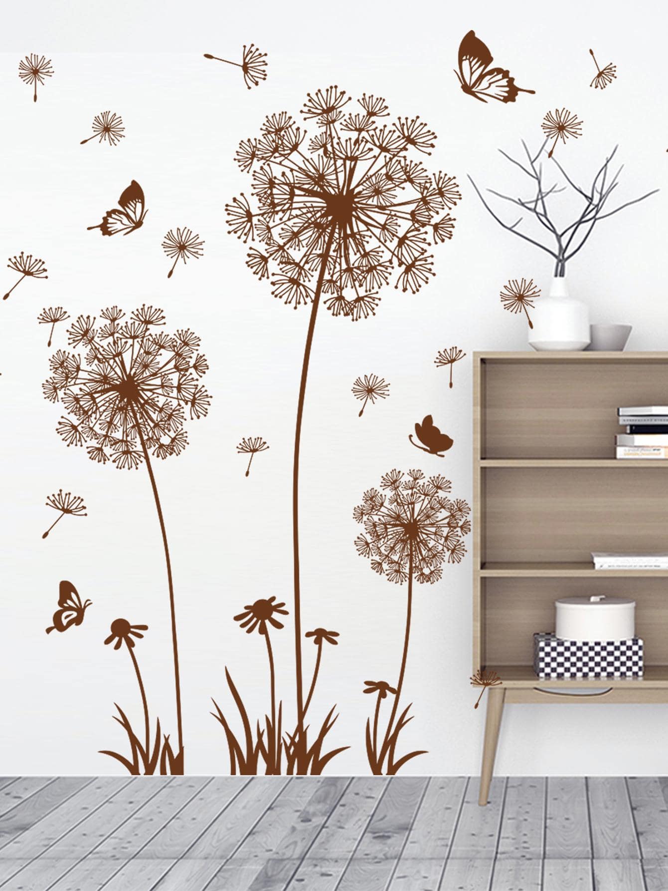 2pcs/set Dandelion Print Wall Sticker, Modern Butterfly & Plant Print PVC Wall Decal For Home Decoration - Brown - View 1
