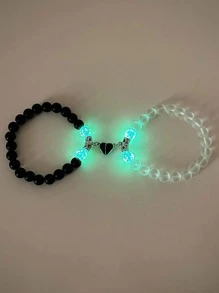 Bộ 2 vòng tay hạt cườm hình trái tim phát sáng trong bóng tối thời trang, phụ kiện trang trí đôi cho hàng ngày. - Nhiều màu - Xem 1