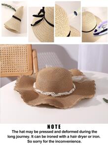 1入組女士蝴蝶結和人造珍珠裝飾防曬波西米亞草編帽適用於度假 - 卡其色 - 查看 3