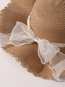 1入組女士蝴蝶結和人造珍珠裝飾防曬波西米亞草編帽適用於度假 - 卡其色 - 查看 6
