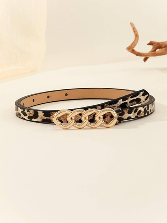 女士豹纹图案链条装饰时尚腰带，适合日常生活