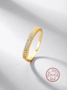 1 Nhẫn Bạc Đơn Giản Đính Đá Cubic Zirconia Dành Cho Nữ, Món Quà Hoàn Hảo Cho Buổi Hẹn Hò - Vàng - Xem 2