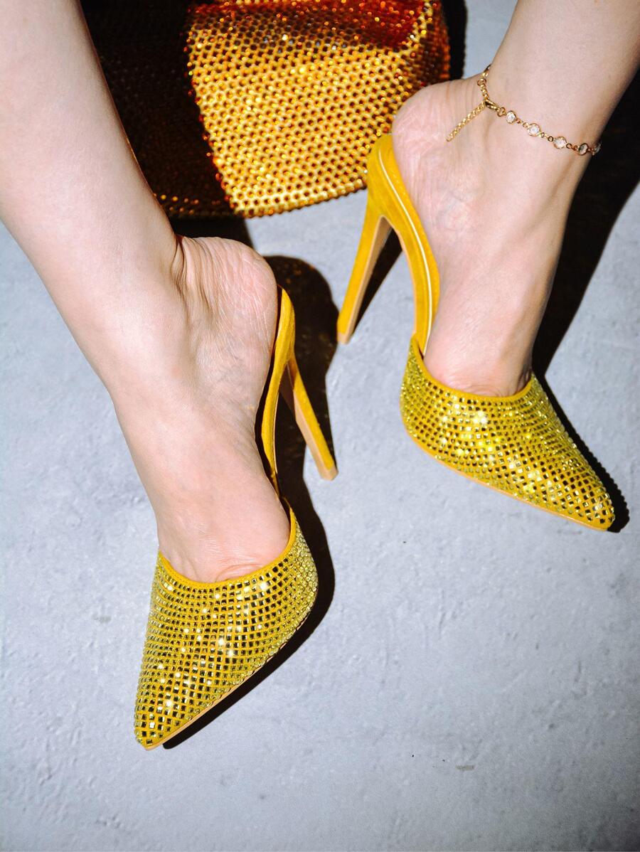 Women's Embellished Suede Pointy Toe Heels - Single Pointy Toe Suede Mule Ultra High Heel For Formal Event - 芥末黃 - 查看 1