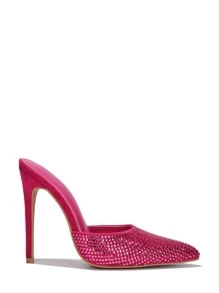 Women's  Embellished Suede Pointy Toe Heels - Single Pointy Toe Suede Mule Ultra High Heel For Formal Event - Pink - View 2