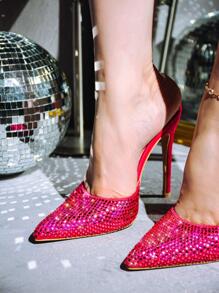 Women's  Embellished Suede Pointy Toe Heels - Single Pointy Toe Suede Mule Ultra High Heel For Formal Event - Pink - View 1