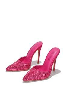 Women's  Embellished Suede Pointy Toe Heels - Single Pointy Toe Suede Mule Ultra High Heel For Formal Event - Pink - View 3