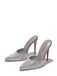 Women's  Embellished Suede Pointy Toe Heels - Single Pointy Toe Suede Mule Ultra High Heel For Formal Event - Silver - View 3