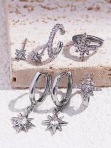 7pcs/set Creative Snowflake Cubic Zirconia Copper Earrings Set For Women, Geometric Design Copper Jewelry