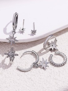 7pcs/set Creative Snowflake Cubic Zirconia Copper Earrings Set For Women, Geometric Design Copper Jewelry