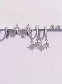 7pcs/set Creative Snowflake Cubic Zirconia Copper Earrings Set For Women, Geometric Design Copper Jewelry
