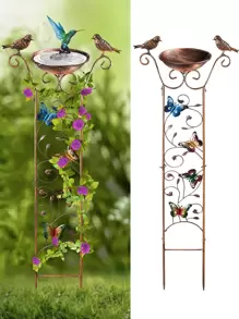 1入組帶花園格子鐵製鳥浴盆，戶外創意2合1碗鳥浴盆 - 黃色 - 查看 1