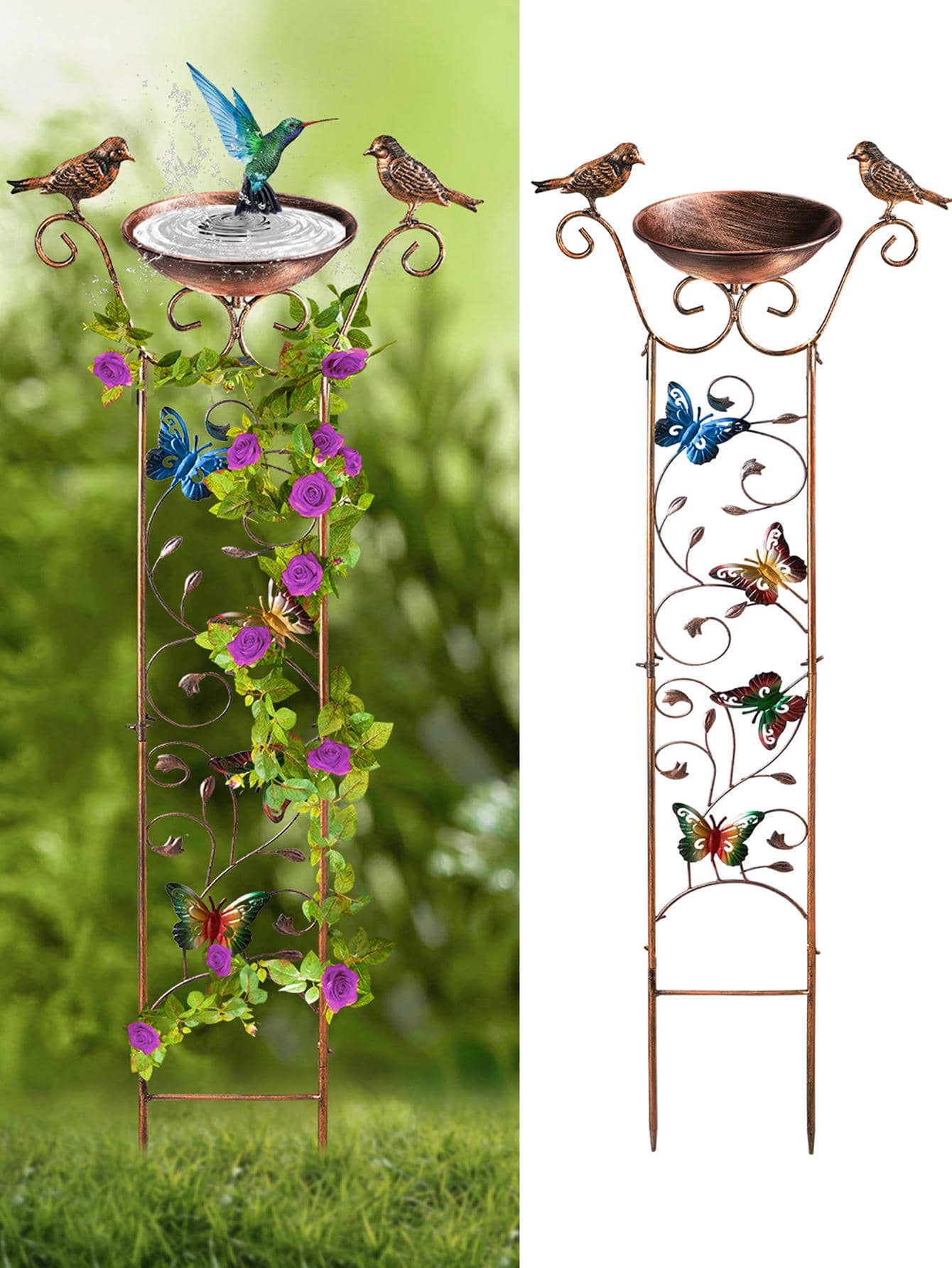 1入組帶花園格子鐵製鳥浴盆，戶外創意2合1碗鳥浴盆 - 黃色 - 查看 1