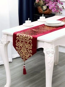 1pc Scroll Pattern Tassel Decor Table Runner, Modern Polyester Table Runner For Home - Red - View 2
