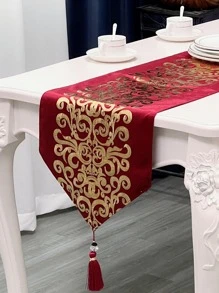 1pc Scroll Pattern Tassel Decor Table Runner, Modern Polyester Table Runner For Home - Red - View 1