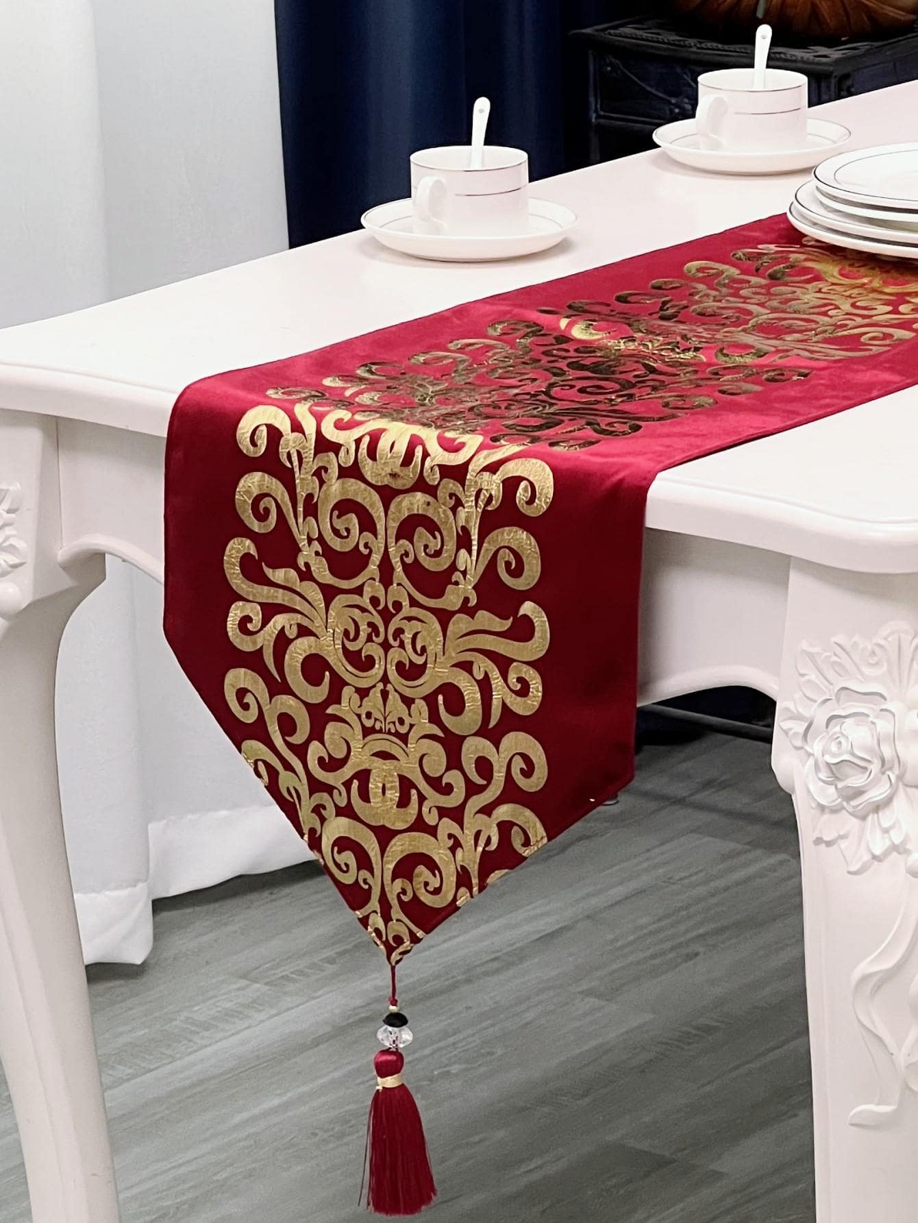 1pc Scroll Pattern Tassel Decor Table Runner, Modern Polyester Table Runner For Home - Red - View 1