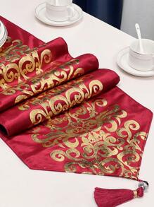 1pc Scroll Pattern Tassel Decor Table Runner, Modern Polyester Table Runner For Home - Red - View 4