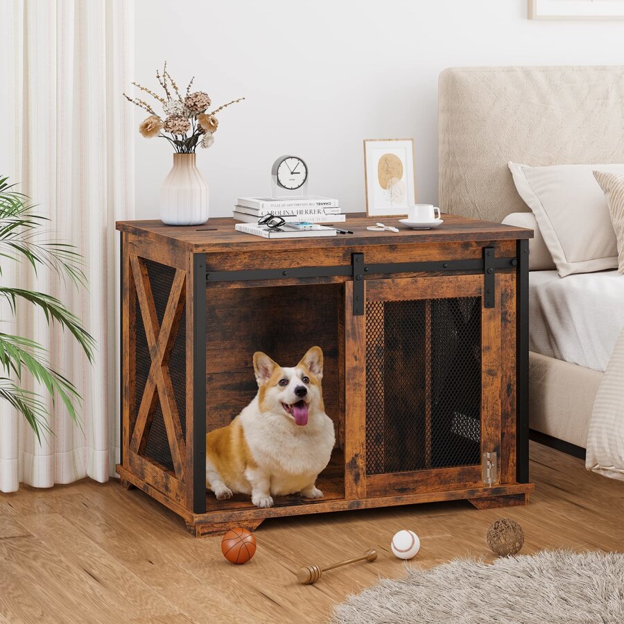 View of 37'' Sliding Barn Door Dog Crate Furniture with Flip Top and Movable ...