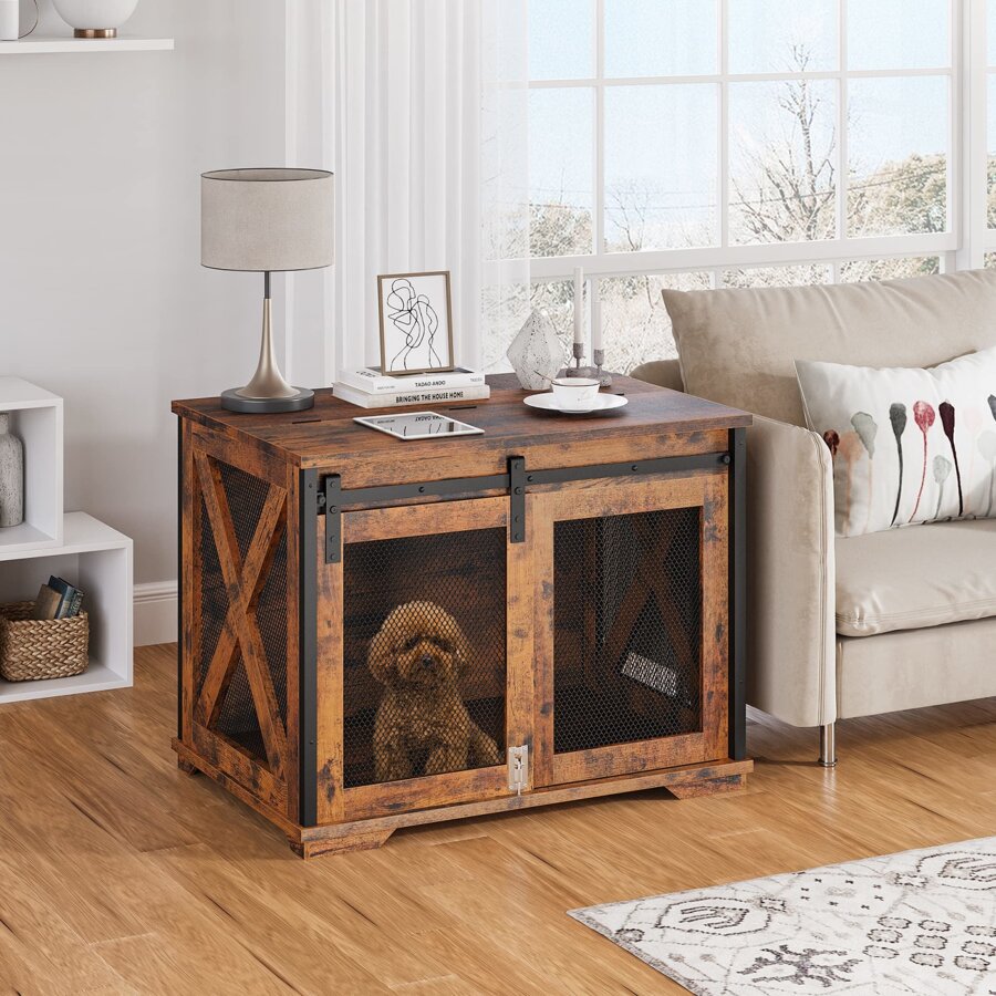 37'' Sliding Barn Door Dog Crate Furniture with Flip Top and Movable