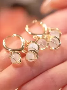 1pair Lily Flower & Three Cat's Eye Stone Decor Drop Earrings With Anti-Lost Design For Women