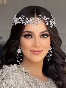 3件套女士水钻花朵装饰时尚新娘发带和耳环，适合婚礼派对皇家波西米亚风头饰。情人节配饰 - 銀色 - 查看 2