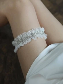 1入組女士水鑽和人造珍珠裝飾蕾絲邊時尚新娘吊襪帶適合婚禮派對 - 白色 - 查看 3