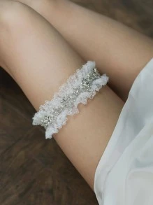 1入組女士水鑽和人造珍珠裝飾蕾絲邊時尚新娘吊襪帶適合婚禮派對 - 白色 - 查看 2