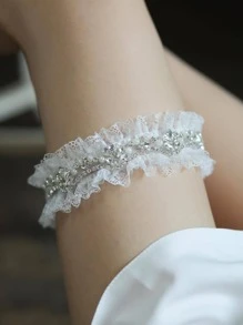 1入組女士水鑽和人造珍珠裝飾蕾絲邊時尚新娘吊襪帶適合婚禮派對 - 白色 - 查看 5