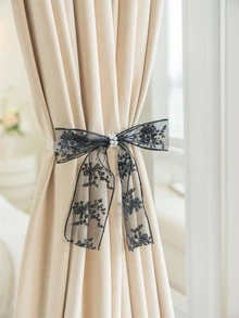 1 pieza Alzapaños de cortina con bordado de flor - Negro - Ver 2