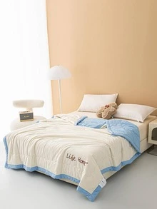 1pc Letter Embroidered Bedspread. Modern Fabric Quilt For Home - Blue - View 2