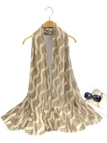 1pc Women Allover Print Raw Trim Fashion Scarf, For Summer - Khaki - View 1