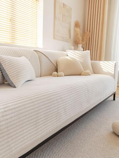 1pc Winter Warmth Anti-Pilling Flannel Sofa Cover Stripe Plain Slipcover For 1/2/3/4 Seat Sofa, Backrest Cover Armrest Cover, Anti-Slip