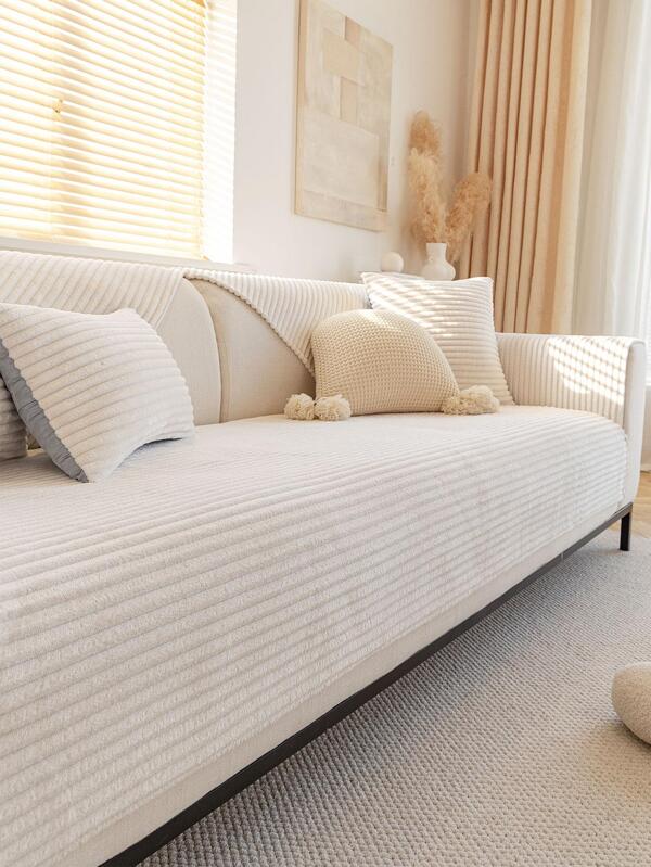 1pc Winter Warmth Antipilling Flannel Sofa Cover Stripe Pure Color