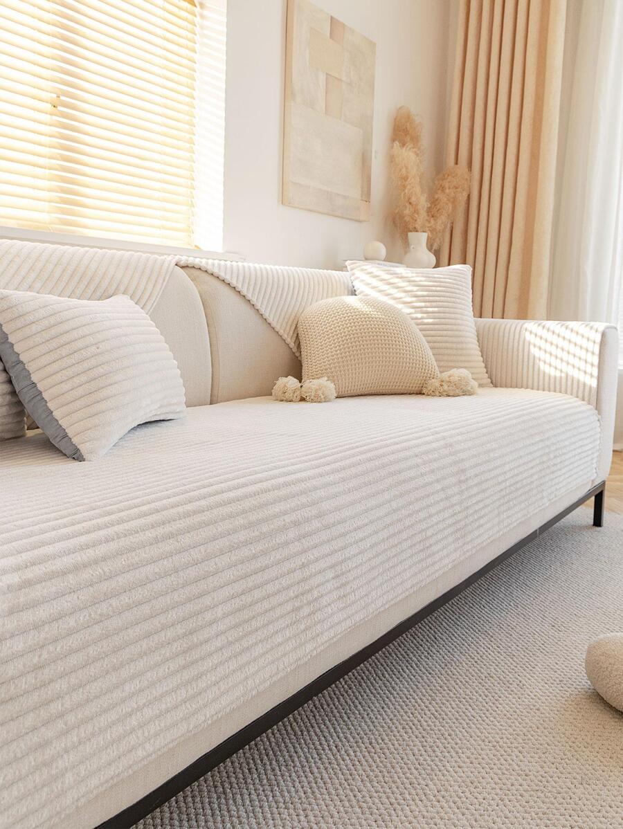 1pc Winter Warmth Anti-Pilling Flannel Sofa Cover Stripe Plain Slipcover For 1/2/3/4 Seat Sofa, Backrest Cover Armrest Cover, Anti-Slip - Beige - View 1