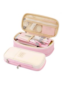 1 szt. Dwukolorowa łatka dekoracyjna torba na artykuły papiernicze, prosta wielowarstwowa torba na długopis o dużej pojemności do organizera artykułów piśmienniczych dla studentów - Różowy - Zobacz 1