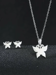 3pcs/set Fashionable Stainless Steel Butterfly Shape Stud Earrings & Pendant Necklace For Women's Daily Wear - Silver - View 1