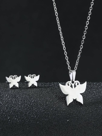 3入組/套時尚不銹鋼蝴蝶造型耳釘和吊墜項鍊適用於女性日常穿著