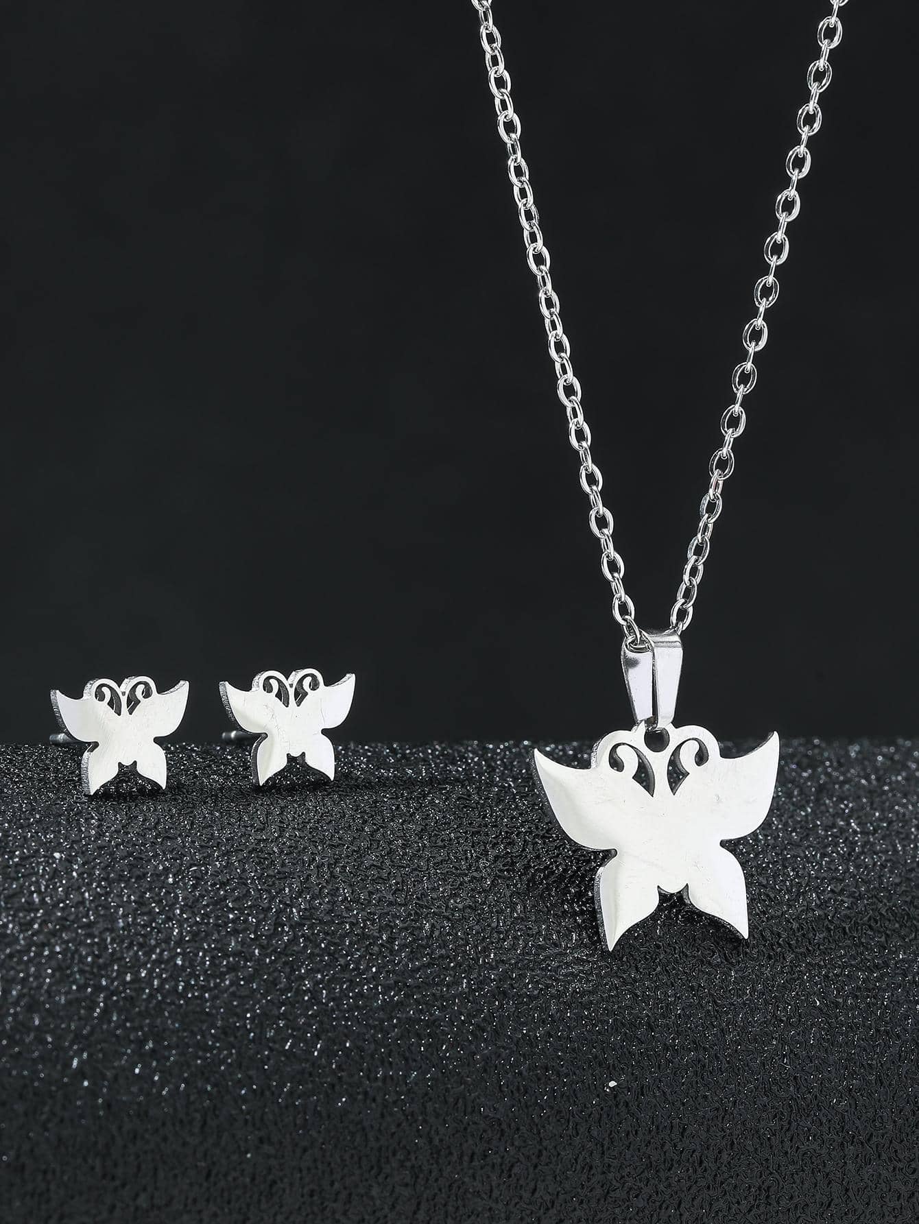 3pcs/set Fashionable Stainless Steel Butterfly Shape Stud Earrings & Pendant Necklace For Women's Daily Wear - Silver - View 1