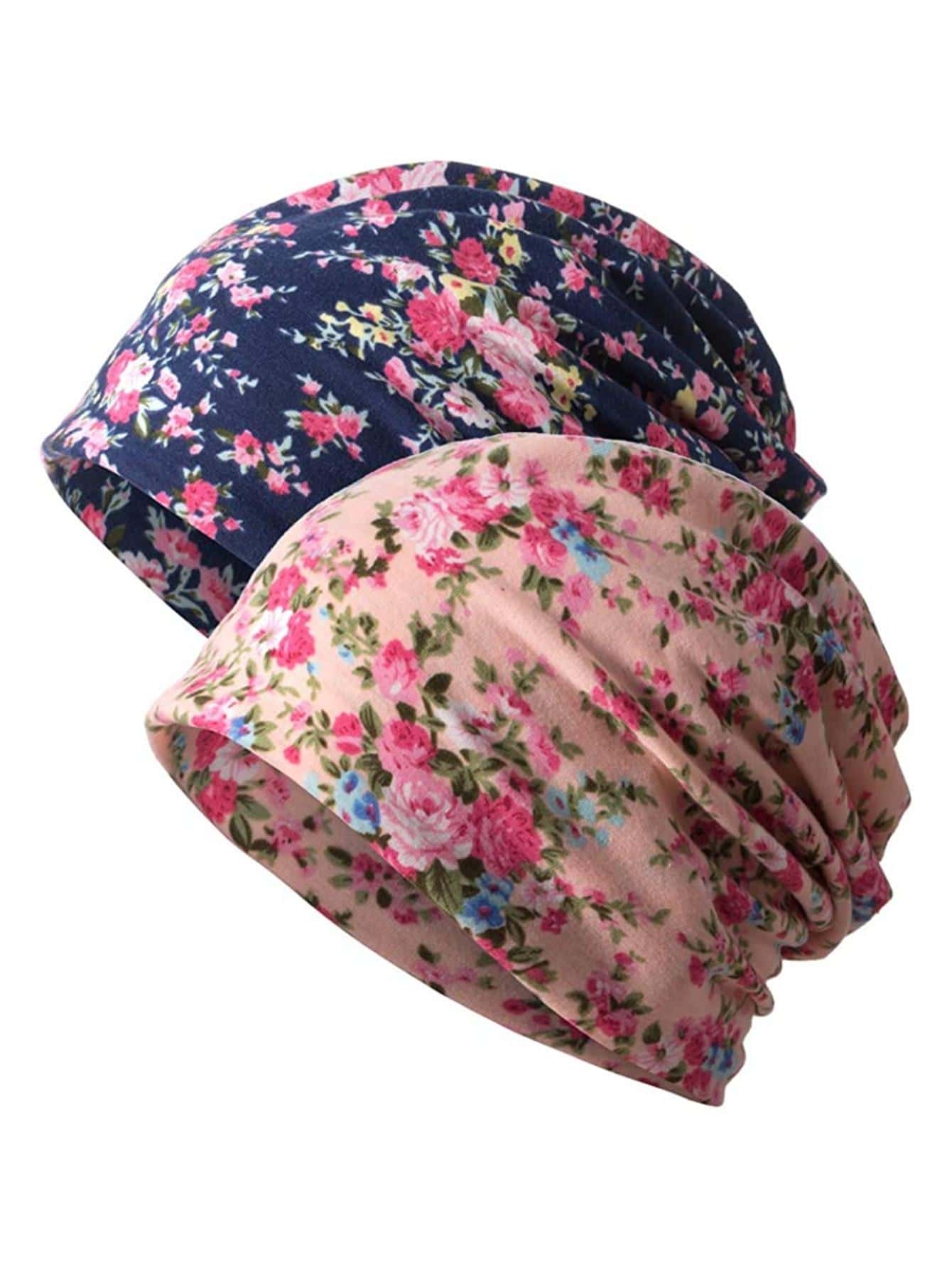 2入組時尚印花垂墜式成人短毛帽,適用於產後和化療 - 彩色 - 查看 1