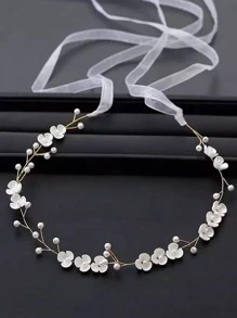 1pc Handmade Women's Flower & Faux Pearl Copper Wire Hairband For Bride Wedding Party Elegant Boho Tiaras Valentine's Day Accessories - Gold - View 1