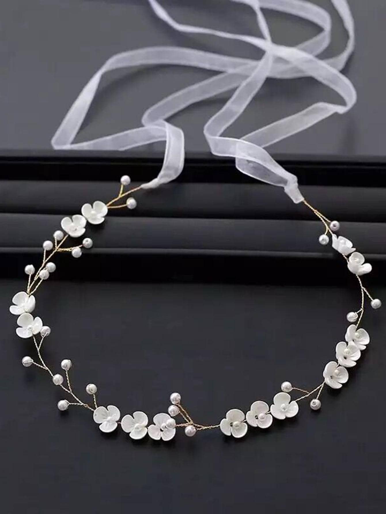 1pc Handmade Women's Flower & Faux Pearl Copper Wire Hairband For Bride Wedding Party Elegant Boho Tiaras Valentine's Day Accessories - Gold - View 1