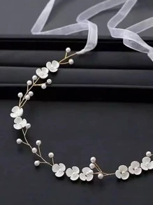 1pc Handmade Women's Flower & Faux Pearl Copper Wire Hairband For Bride Wedding Party Elegant Boho Tiaras Valentine's Day Accessories - Gold - View 2