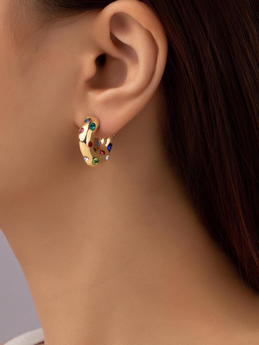 1 对金属不对称 C 形钻石镶嵌环状耳环周年纪念礼物 - 金黃色 - 查看 1