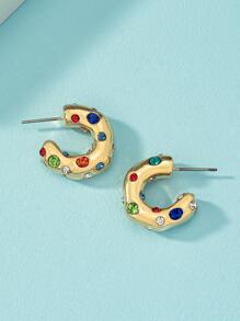 1 对金属不对称 C 形钻石镶嵌环状耳环周年纪念礼物 - 金黃色 - 查看 2