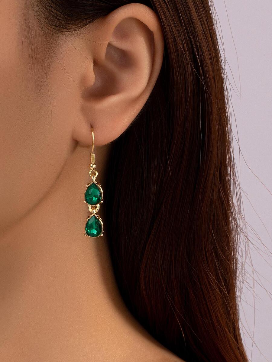 1對時尚金屬淚滴形寶石鑲嵌吊式耳環結婚禮物 - 墨綠色 - 查看 1