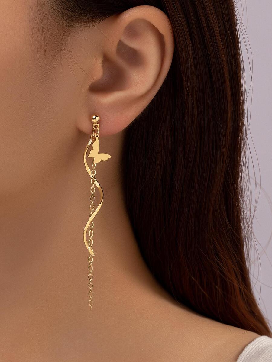 1pair Metallic Fringe Chain & Butterfly Drop Earrings, Wedding Gift - Yellow Gold - View 1