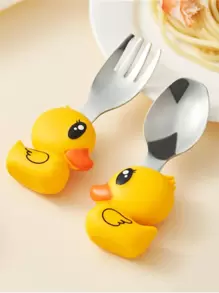 2pcs/Set Stainless Steel Spoon & Fork, Cartoon Duck Design Cutlery Set For Kitchen Dining Table And Party,Kitchen,Christmas Gift,School Supplies - Yellow - View 4