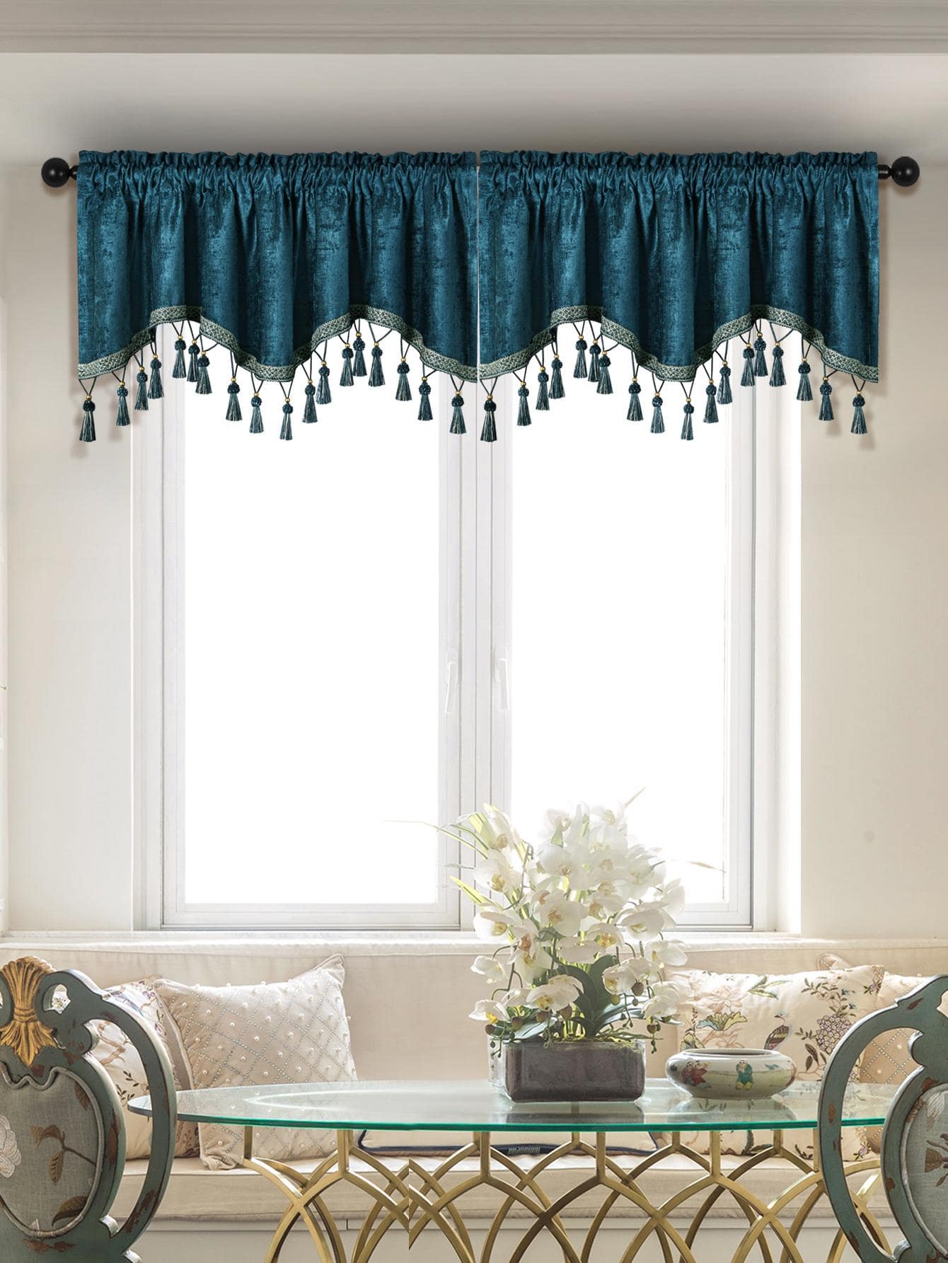 1 pieza Cenefa de ventana con diseño de fleco - Agua verde azul - Ver 1