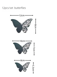 12pcs/set Black 3D Butterfly Sticker, Modern Hollow Out Design Self Adhesive 3D Butterfly Wall Decor For Home - Black - View 2